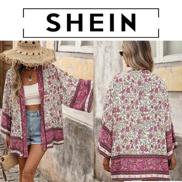 SHEIN Floral Print Kimono with Red and Cream - Picture 1 of 5